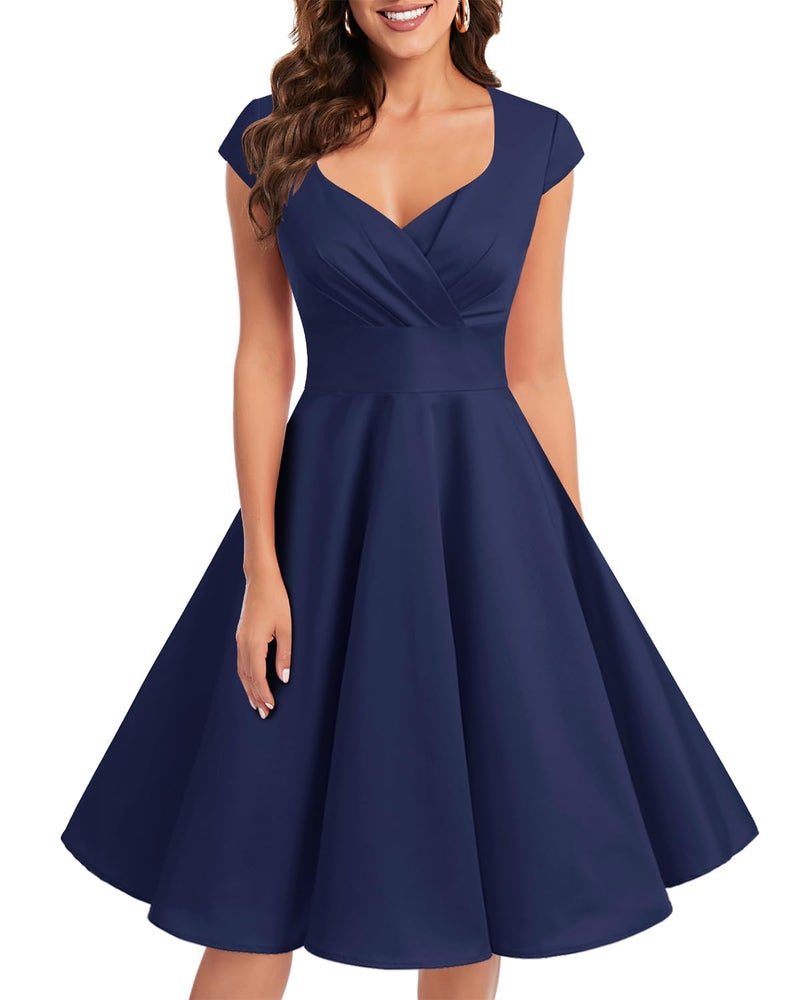 Bbonlinedress Bbonlinedess Women's Plus Size 1950s Vintage Cocktail Dress Short Retro 50s 60s Style Work Party Winter Formal Fit and Flare A Line Formal Wedding Guest Dress Navy 3XL - Image 1